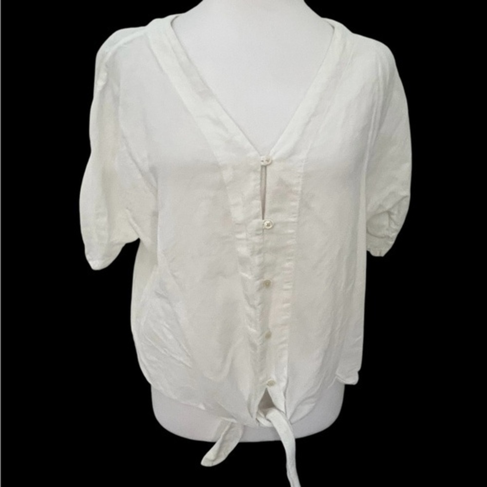 Eddie Bauer White Linen Cotton Button Tie Front Top S Baggy Cottagecore Prairie